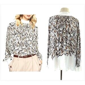Reiss Blouse Womens Size 10 Ivory Magda Feather Print Mock  Neck Poet Sleeve